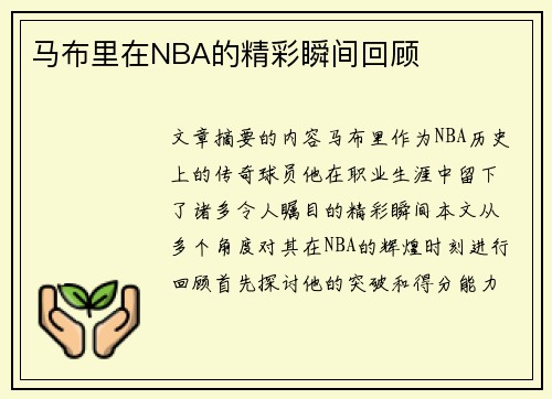 马布里在NBA的精彩瞬间回顾